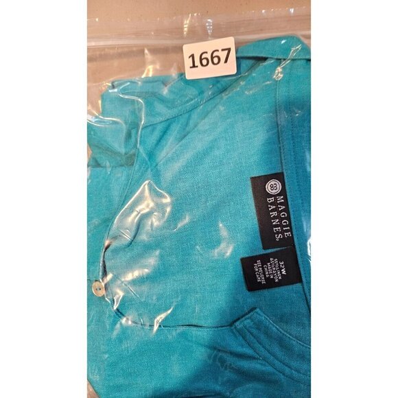 Maggie Barnes Button Up Top Blouse Women Sz 32 Elbow Sleeve Linen Blend Teal NEW - Picture 7 of 7